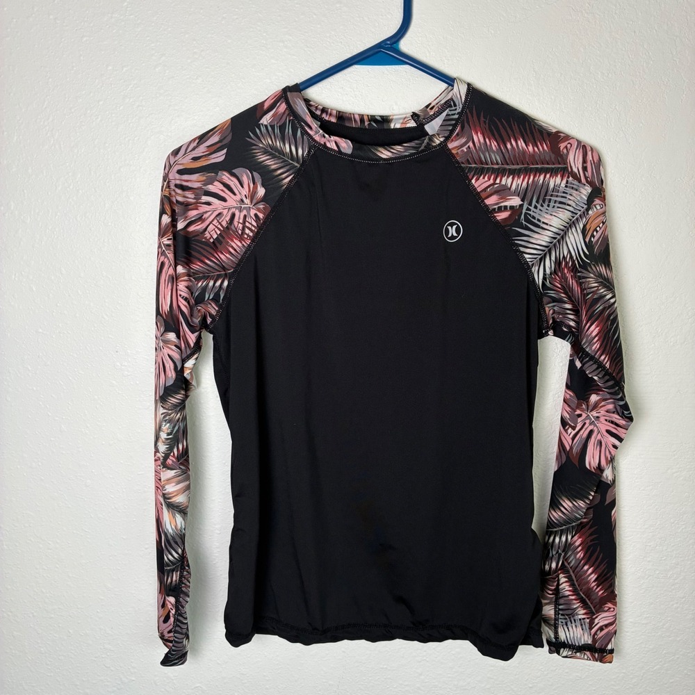 Hurley Womens Rash Guard Small Black Pink Tropical Floral Long Sleeve UPF 50+